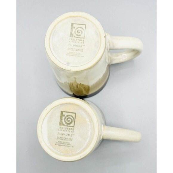 Tabletops Lifestyle Filmore 2 Coffee Mugs Brown Drip Glaze Beige Cups Farmhouse - Picture 5 of 5